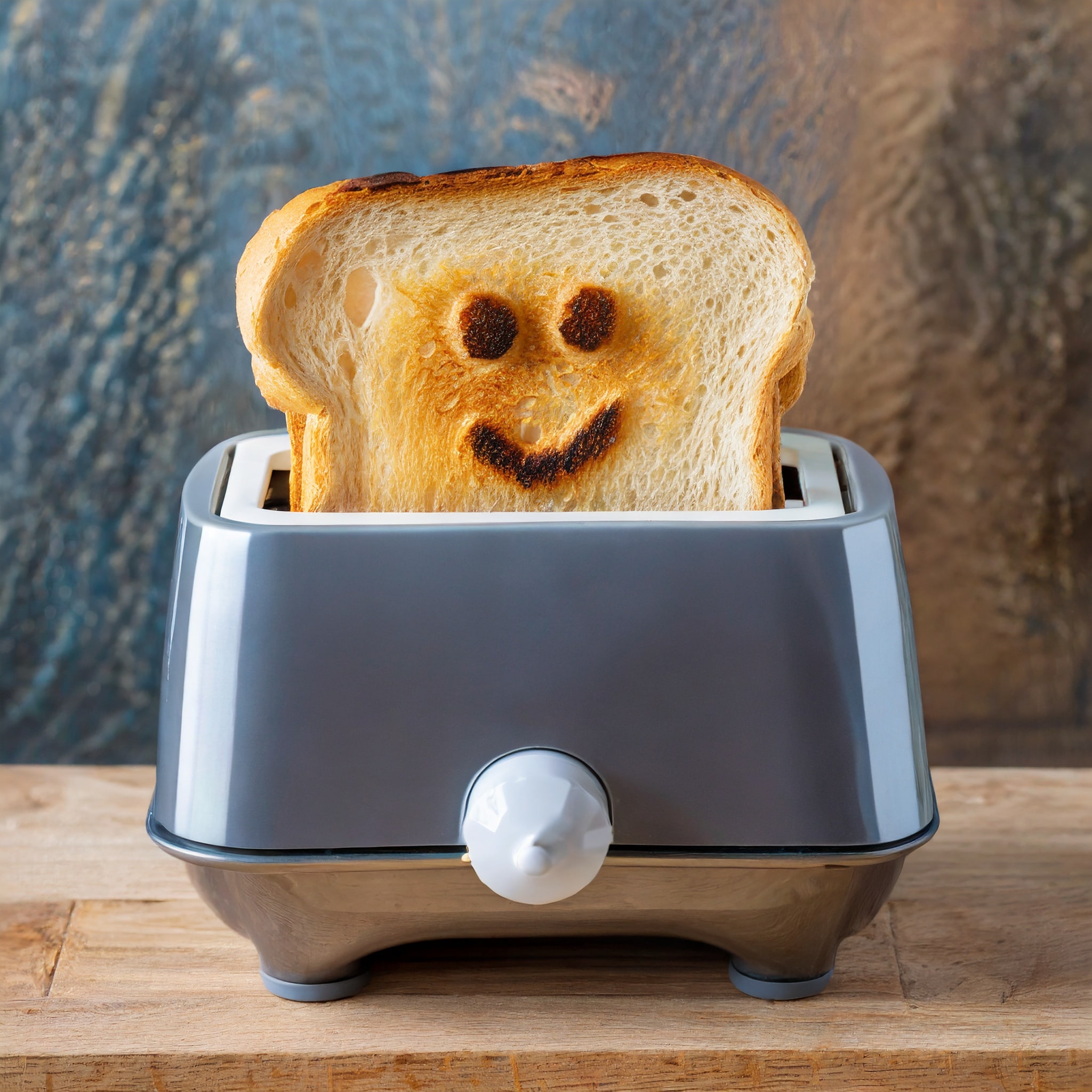 Brödrost med eett toastat bröd med en smiley på